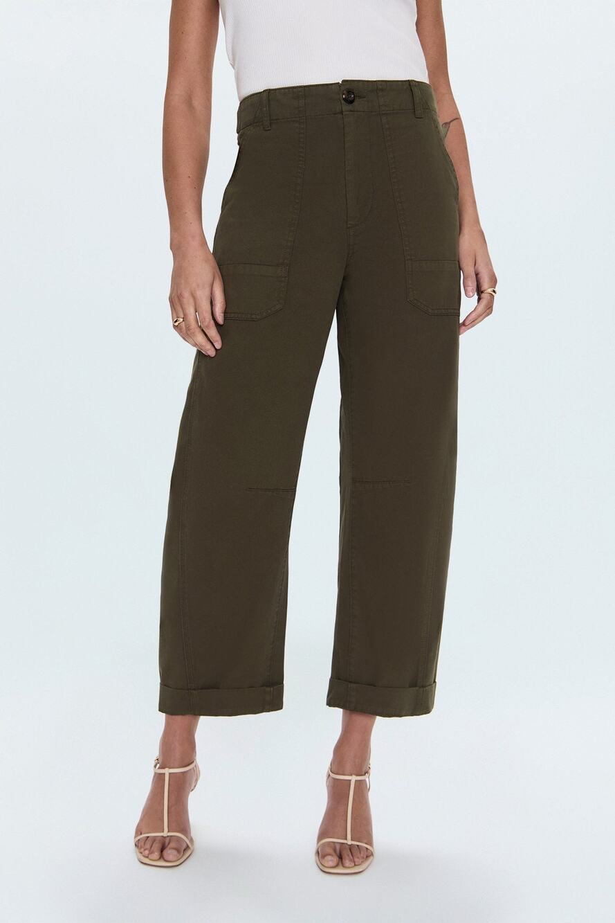 Pistola Tori Utility Pants High Waisted Bow Barrel Leg Olive Green Sequoia